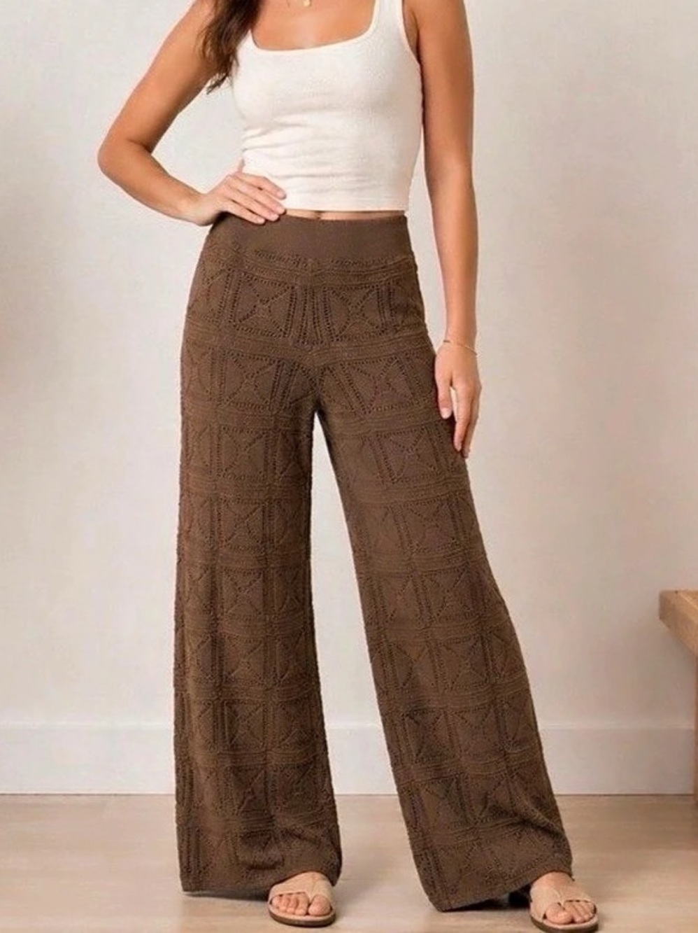 The Drop Diza Coffee Bean Brown Pull On Crochet Flare / Wide Legged Pants.